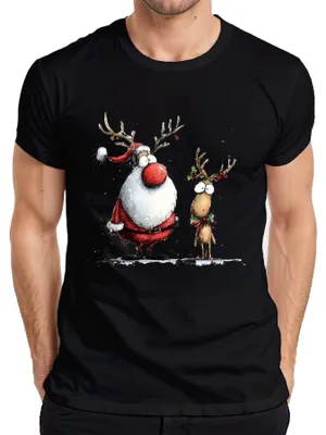 Immagine prodotto di Babbo Natale Renna Divertente Regalo di Natale Retro Cartoon Maglietta da uomo, Nero, XL