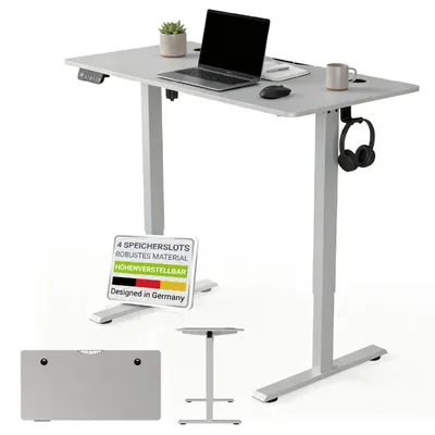 A white adjustable standing desk with a laptop, headphones, and a mug on it. There are also some smaller images of the desk components and a sign with German text.