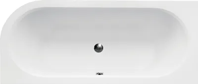 A top-down view of a white corner bathtub.