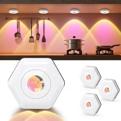 Produktbild von 4x LED Sunset Spots Batterie, Vitrinenbeleuchtung Unterbauleuchte Kabellos LED Sonnenuntergang Schranklicht Atmosphäre dekorative Lichter Nachtlichter