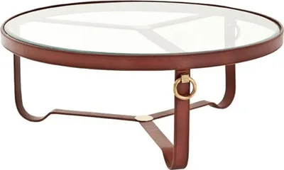 Produktbild von Casa Padrino Luxus Designer Couchtisch mit Glasplatte Rund Echtleder mit Messing Applikationen