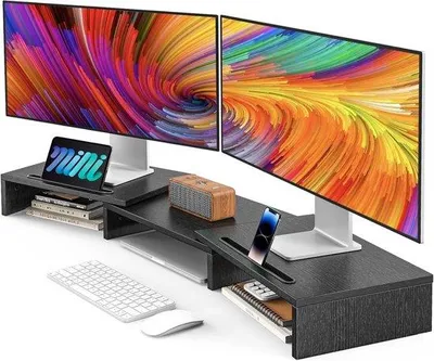 Produktbild von Famanu Monitorständer mit zwei Ablagen, verstellbarer Länge und Winkel, multifunktionaler Büro-Organizer