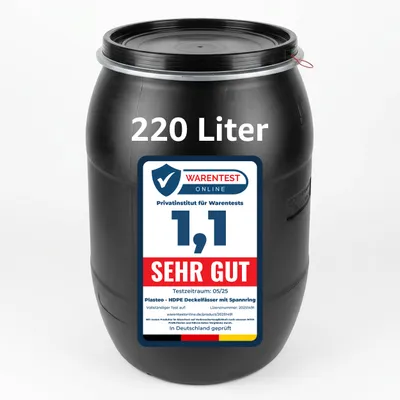 Image de Fût à col large Plasteo 220 litres, noir, avec couvercle, anneau de serrage et joint, homologué UN, fût en plastique HDPE, fût à couvercle, fût de stockage, citerne d'eau de pluie