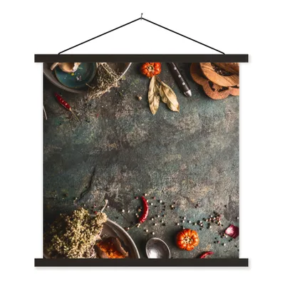 Produktbild von MuchoWow® Textilposter Marmor - Gemüse - Herbst - Kürbis - Rustikal - Kräuter 90x90 cm mit schwarzem Rahmen - Magnetisches