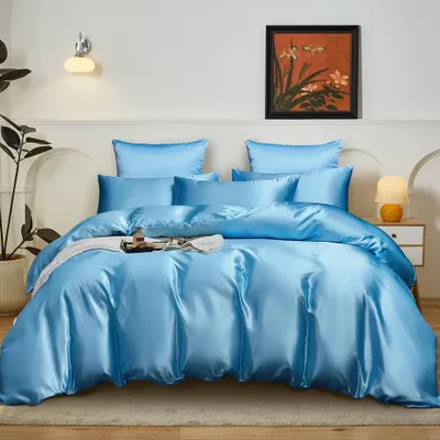 Zdjęcie produktu dla Omgoods - Komplet pościeli satynowej, 220 x 240 cm, jasnoniebieski, w zestawie 2 poszewki na poduszki