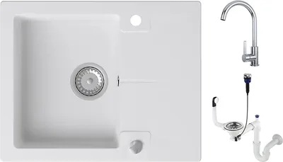Produktbild von Granmaster Caro Granitspüle mit Armatur 1 Becken mit Siphon in 3 Farben - Spülbecken Arbeitsplatte Küche Waschbecken mit Wasserhahn, Spüle Weiß