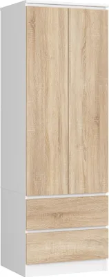 Produktbild von Kleiderschrank AKORD S60 Weiß 60 cm 2 Türen 2 Schubladen Regal Front Sonoma-Eiche B60 x H180 x T51 cm