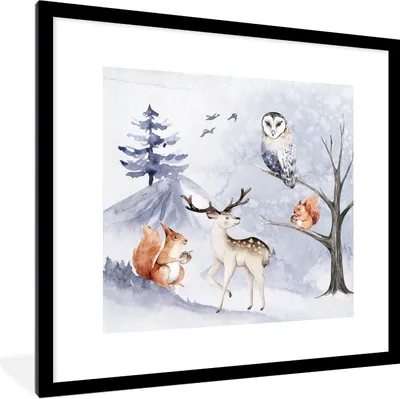 Produktbild von MuchoWow® Gerahmtes Poster Winter - Hirsch - Eichhörnchen - Baum 40x40 cm - Poster mit Schwarzem Bilderrahmen Wandposter Rahmen Foto Bilder - Poster - Plakat im Rahmen