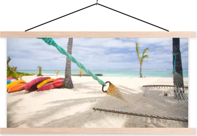 Produktbild von MuchoWow® Textilposter Strand - Boot - Hängematte 60x30 cm mit holzfarbenen Rahmen - Dekoration