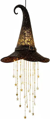 Produktbild von Beleuchtete Halloween Hängedeko, Hexenhut aus Metall mit warmem Licht, saisonale Tür- und Terrassendeko für Herbst, Party und Garten