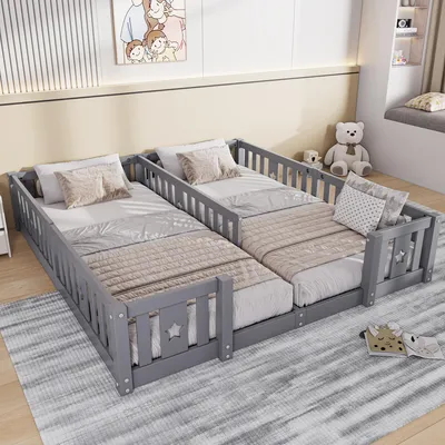Obrázek produktu pro Dětská postýlka s bočnicemi, masivní dřevo, hvězdicový vzor, šedá, 2x90x200 cm