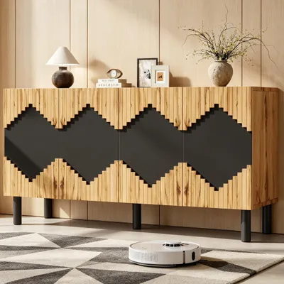 Produktbild von STILVORA Sideboard mit 2 Türen und Schließfächern, Schrank mit Rautenmuster, Wohnzimmerschrank für Wohnzimmer, Esszimmer und Flur, Holzfarbe+Schwarz