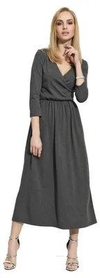 Produktbild von Damen Mittellanges Wickelkleid Raffungen V-Ausschnitt 3/4 Ärmel; Grafit/S (36)