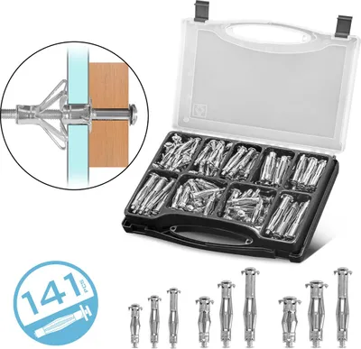 A set of metal hollow wall anchors with screws in a black plastic case, with a close-up illustration of one anchor installed in a wall.