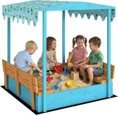 Imagen del producto de Caja de arena de madera con tapa, para niños de 3 a 6 años, dimensiones: 134,5 x 127,5 x 130 cm, color azul