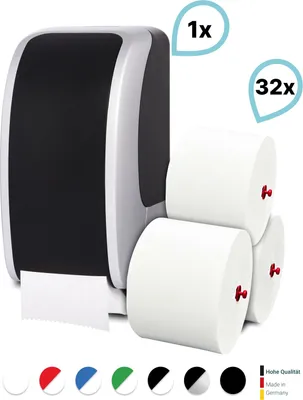 Produktbild von SET: 1x Toilettenpapierspender Doppelrollen Blanc Cosmos verschied. Farben + 32 Toilettenpapierrollen Long Life 3L - PRODUKTSET : Farbe - Silber / Schwarz Farbe: Silber / Schwarz