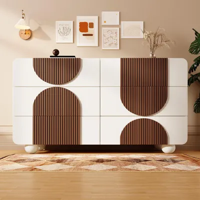 Image de OKWISH Commode 6 Tiroirs - Façade Ondulée Avec Système Anti-Basculement Pour Salon ou Chambre - MDF et Bois Massif - 121×41×71 cm, Blanc