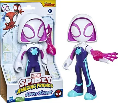 A toy figure of Ghost-Spider from Spidey and his Amazing Friends, shown both in its packaging and outside of it.