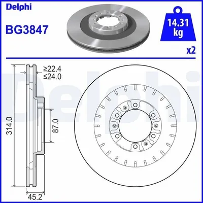 Produktbild von 2x DELPHI Bremsscheibe BG3847 für MITSUBISHI L 200 (K7_T K6_T) GALLOPER (JK-01)