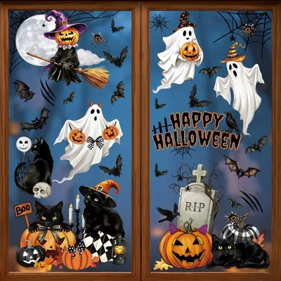 Image de Lot de 9 autocollants d'Halloween avec des motifs de chats noirs et de citrouilles