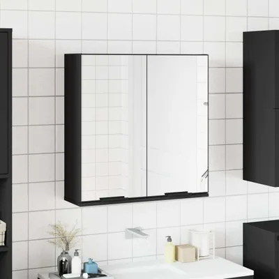 A bathroom cabinet with mirrored doors is mounted on a tiled wall above a sink.