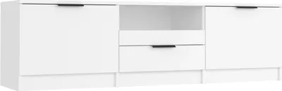 A white TV cabinet with two doors and two drawers in the center.