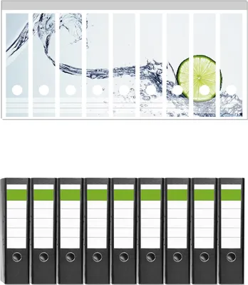 Produktbild von Wallario 9 Stück breite Ordner inkl. Klebeetiketten mit Motive Limettenscheibe in spritzigem Wasser -  Set mit Rückenschildern / Ordnerrücken Stickern