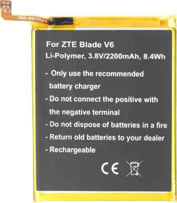 Productafbeelding van Batterij geschikt voor de ZTE Blade V6, Li-Polymer, 3.8V, 2200mAh, 8.4Wh, ingebouwd, gereedschaploos te vervangen