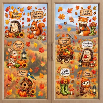Zdjęcie produktu dla Naklejki okienne, motyw jesień, 9 sztuk, samoprzylepne, 30x20 cm, dekoracja PVC