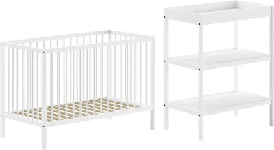 Produktbild von JAXX - DINO Baby Set best. aus Babybett und Wickelregal, Buche massiv weiß lackiert