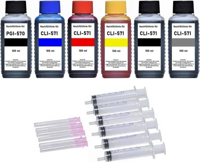 Image de Kit de recharge pour Canon PGI-570 + CLI-571 noir, cyan, magenta, yellow, gris - 6 x 100 ml d'encre + accessoires pour Pixma MG7750, MG7751, MG7752...