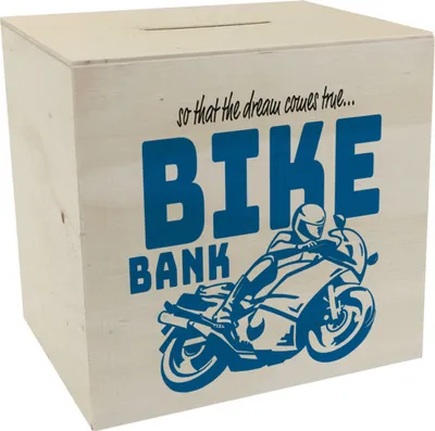 Produktbild von Bike Bank Spardose aus Holz in blau zum Thema Motorradkauf und Motorrad fahren
