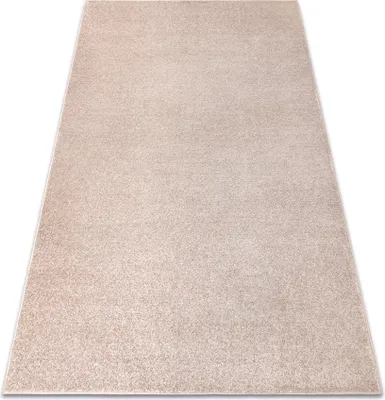 A plain beige rug is shown from a slightly elevated angle against a white background.