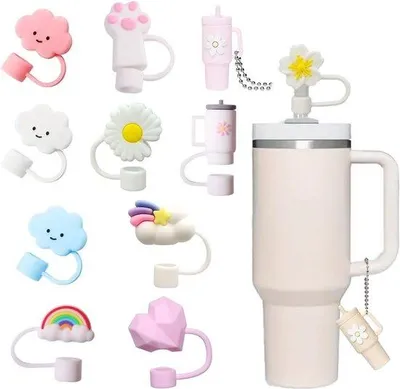 Produktbild von Ultiluxe Zubehörset für Stanley Cup - 12-teilig - Auslaufsichere Abdeckungen für Becher - Silikonstrohhalme - Thermobecher - Regenbogen - Blumen
