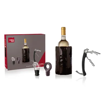 Immagine prodotto di Vacu Vin Geschenkset Wein Klassik 4-tlg., Weinkühler, Kellnermesser, Ausgießer, Flaschenverschluss, Kunststoff, Edelstahl, Schwarz, Braun, 3890160