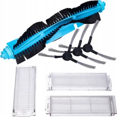 A set of replacement parts for a robot vacuum cleaner, including a main brush, side brushes, and filters, laid out on a white background.