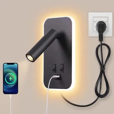 Obrázek produktu pro LED nástěnná lampa s lampičkou na čtení - černá - 10,7 x 8 x 18 cm - s funkcí USB nabíjení - vhodná do ložnice a obývacího pokoje
