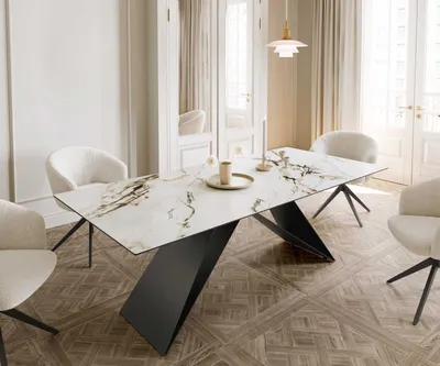 Produktbild von DELIFE Esstisch Edge 180-220x100 Keramik Calacatta Luxe Weiß-Gold-Grau V-Gestell Flachstahl Schwarz ausziehbar