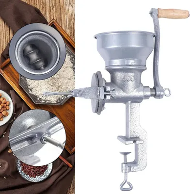 Obrázek produktu pro Mlýnek na obilí – ruční mlýnek – nastavitelná jemnost mletí – litina a manganová ocel – pro pšenici, kukuřici, rýži – těžká konstrukce – stříbrný