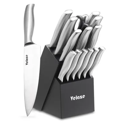 Image de Ensemble de couteaux Velaze, lot de 15 couteaux avec 1 bloc à couteaux, couteaux de cuisine en acier inoxydable, manche ergonomique (argent)