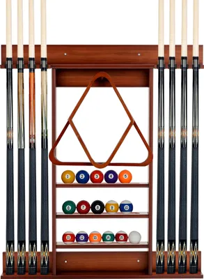 Produktbild von COSTWAY Billard-Pool-Queue-Rack, Wandbefestigter Billardstockhalter, aus massivem Kiefernholz, für 8 Queues, 15 Billardkugeln, 1 Ballständer, kompakte Billardausrüstung für Billardraum, Club, Bar