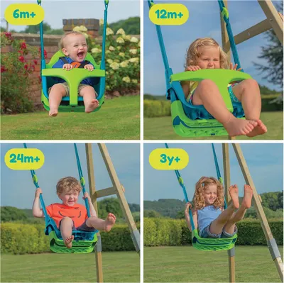 A collage of four images showing children of different ages using a swing set.