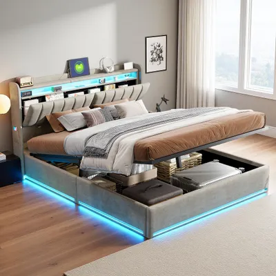 Obrázok produktu pre INONEFT, čalúnená posteľ 140x200, moderná posteľ pre mládež s LED osvetlením a USB portmi, hydraulická posteľ s úložným priestorom a latkovým roštom, zamatová sivá farba, bez matraca
