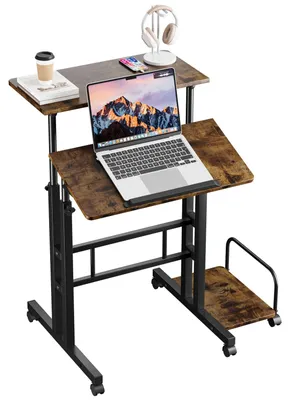 Höhenverstellbarer Stehtisch mit Rollen, Laptoptisch, 2 Ebenen
