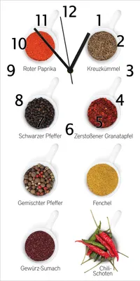 Produktbild von Wallario Design Wanduhr bedruckt, Größe 30 x 60 cm, Motiv: Welt der Gewürze - Übersicht über verschiedenen Gewürze I