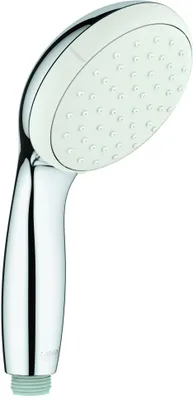 A close-up studio shot of a chrome and white hand shower head.