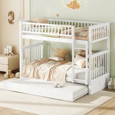 Produktbild von Etagenbetten Kinderbetten Dreierbetten Etagenbetten mit Ausziehbett Geländer Treppe 90*200cm
