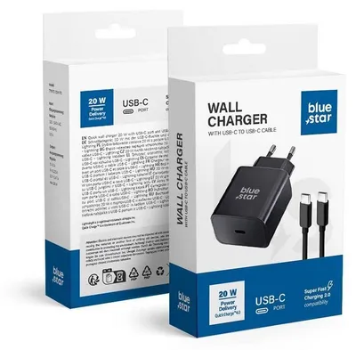 Image de BLUE STAR Chargeur secteur 3A 25W type C + câble type C vers type C PD QC4.0 TFB-TC-25WPD noir