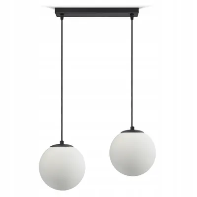 A black rectangular ceiling plate with two black cords hanging down, each ending in a white glass globe light fixture.