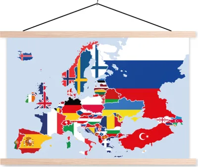 Produktbild von MuchoWow® Textilposter Karte - Europa - Flagge 120x80 cm mit holzfarbenen Rahmen - Aufhängeset
